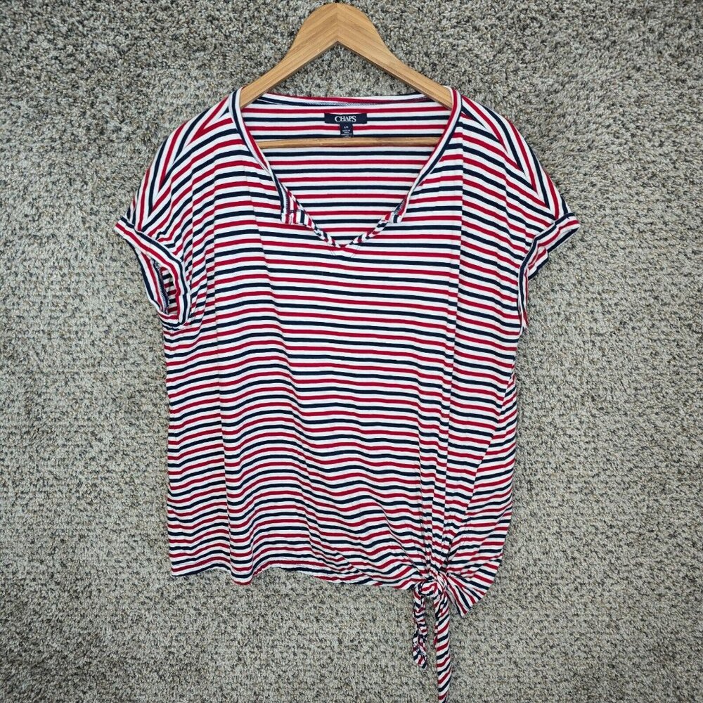 Chaps Top Womens‎ Large Red Striped V Neck Cuffed Sleeve Tee Casual Ladies